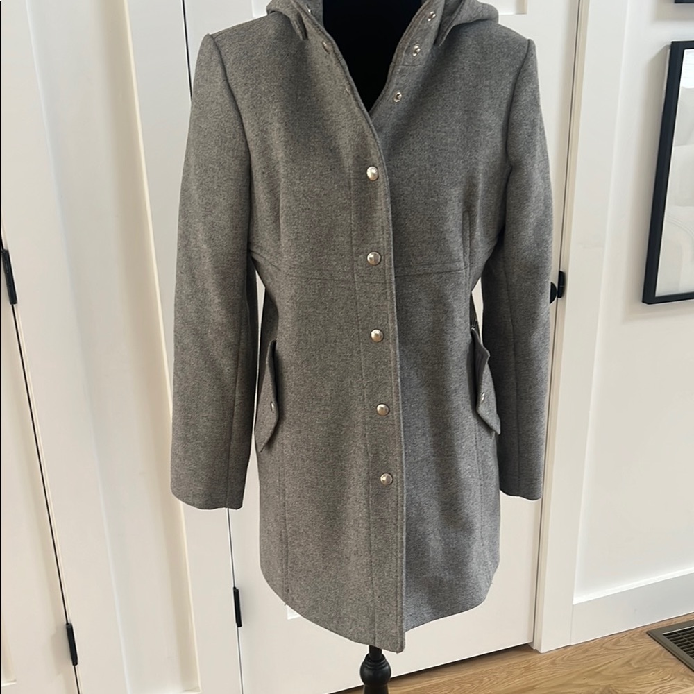 Gray Trench Coat with Stand-Up Collar and Wool Blend